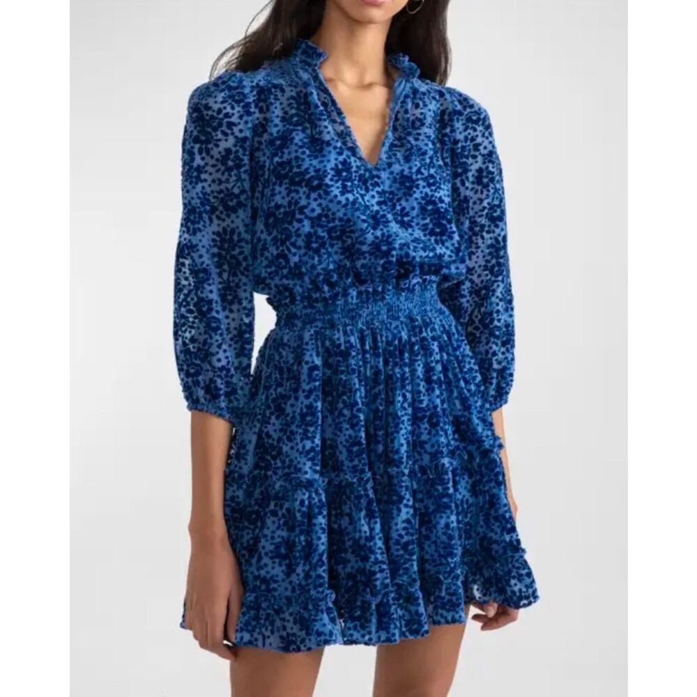 Shoshanna Sasha Tiered Velvet Floral Mini Dress Lapis Blue Size 6 Night Out